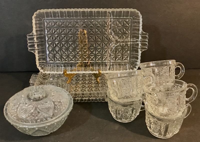 Photo 2 of VINTAGE CLEAR CUT GLASS LUNCH PLATE SETS-
CUPS & APPETIZER TRAYS