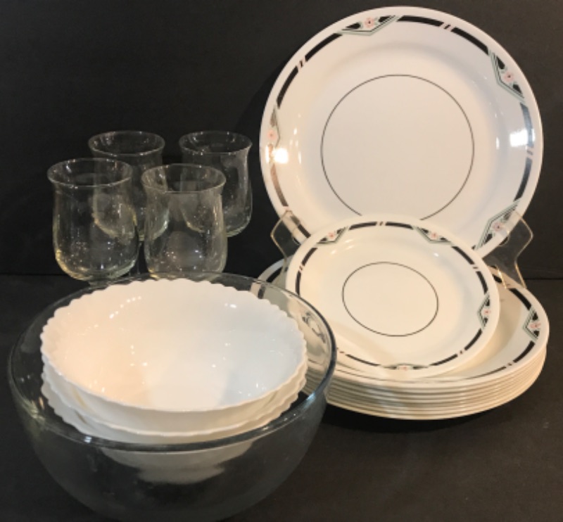 Photo 1 of CORELLE VINTAGE 9 DINNER PLATES , 1 SIDE PLATE 4 STEMED GLASSES AND BOWLS