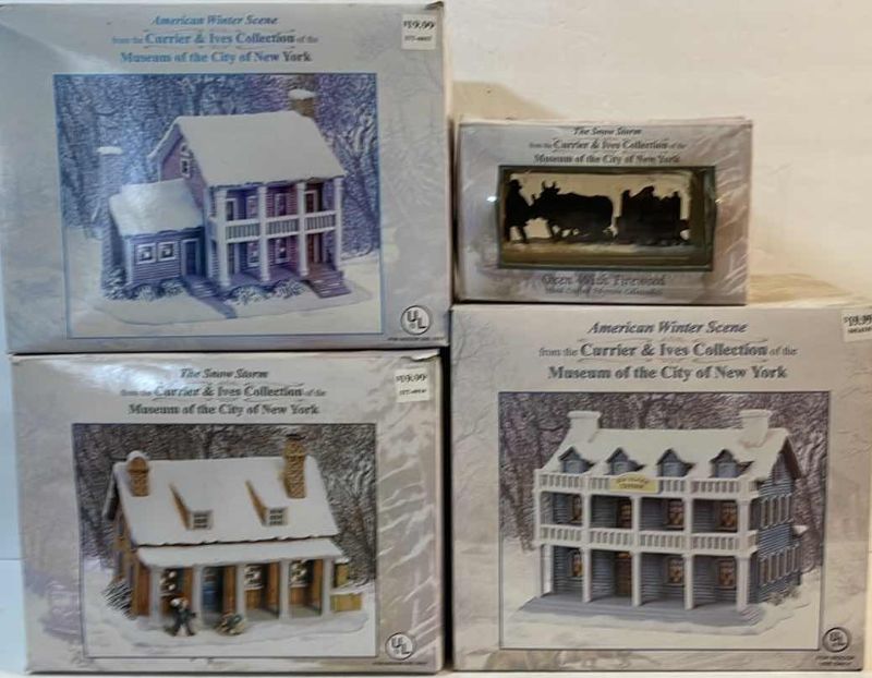 Photo 1 of CURRIER & IVES - THE SNOW STORM , AMERICAN WINTER SCENE , HOLIDAY VILLAGE BUILDINGS