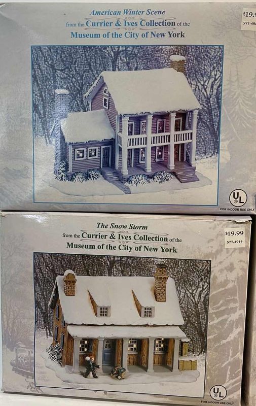 Photo 3 of CURRIER & IVES - THE SNOW STORM , AMERICAN WINTER SCENE , HOLIDAY VILLAGE BUILDINGS