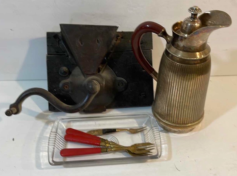 Photo 1 of ANTIQUE GRINDER DISPLAY, SILVER TONE CRAFT & MORE