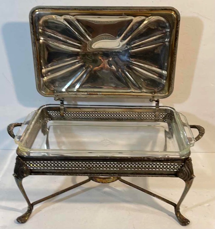 Photo 2 of ANCHOR HOCKING FIRE KING MCM VINTAGE SILVER PLATED CASSEROLE DISH HOLDER WITH LID