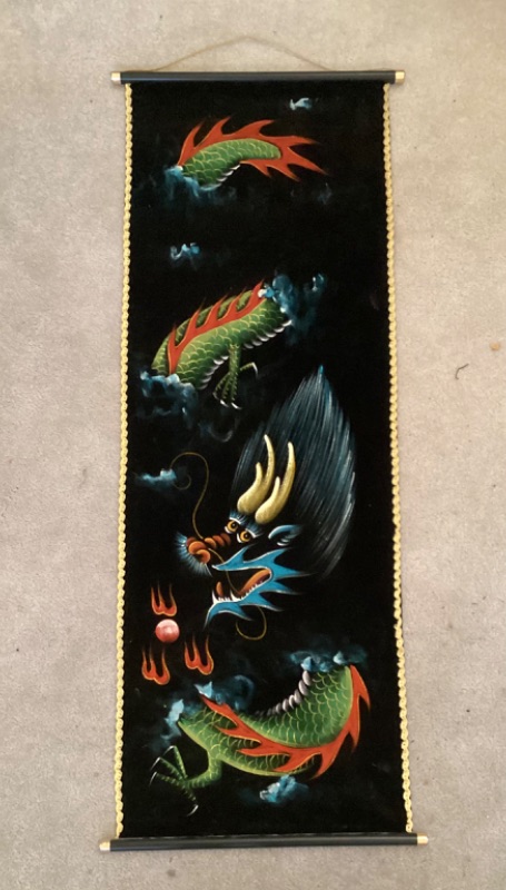 Photo 1 of VINTAGE CLOUD DRAGON ON BLACK VELVET 13 X 36