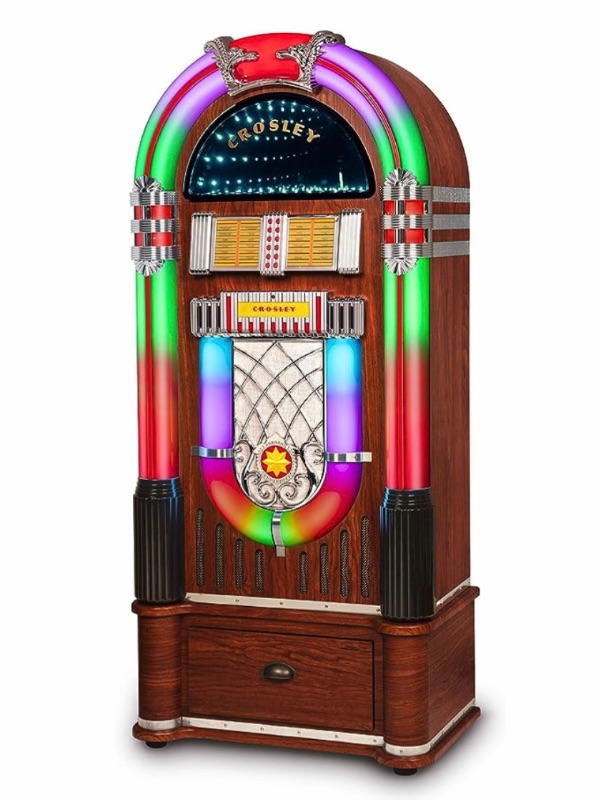 Photo 1 of CROSLEY CR1215A-WA JUKEBOX, INCLUDES AM/FM RADIO & BLUETOOTH RECEIVER & CD PLAYER WITH ST15-WA STAND INCLUDED - WALNUT
26”x16”x57”