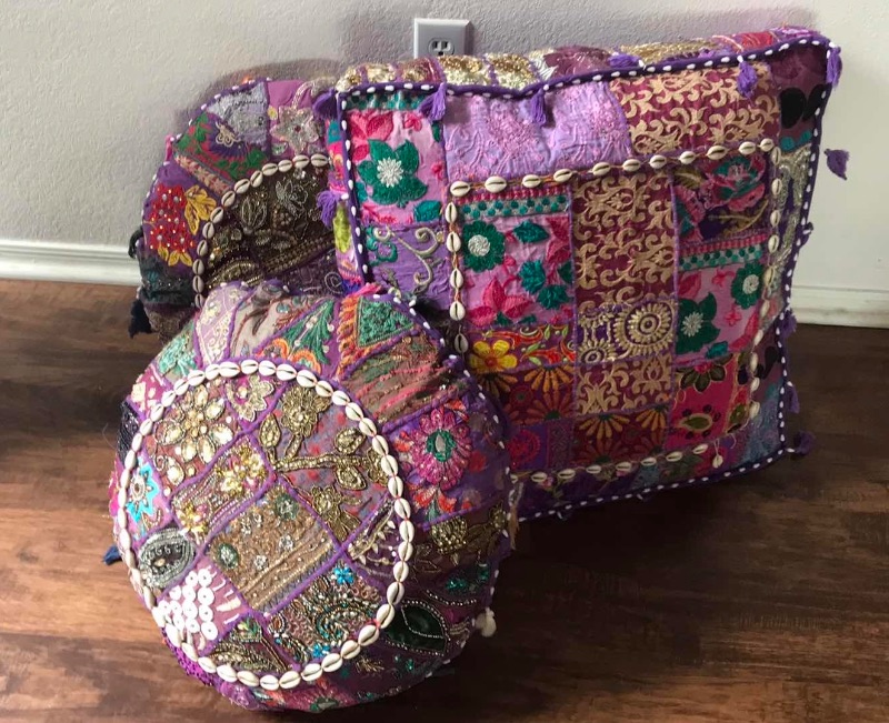 Photo 1 of INDIAN PATCHWORK KANTHA POUF PILLOWS 