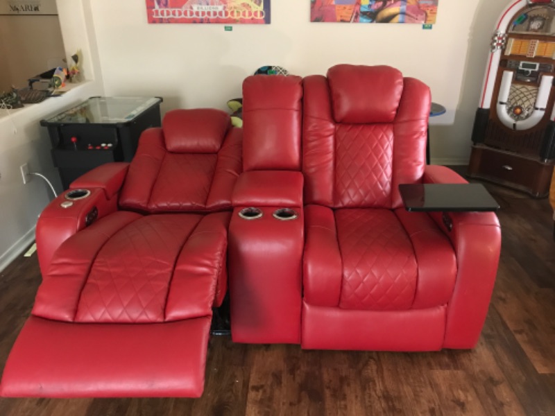 Photo 3 of SEATCRAFT ANTHEM HOME THEATER SEATING - TOP GRAIN LEATHER - POWER RECLINE LOVESEAT - CENTER STORAGE CONSOLE - POWERED HEADRESTS - ARM STORAGE - AC/USB AND WIRELESS CHARGING - CUP HOLDERS, RED

