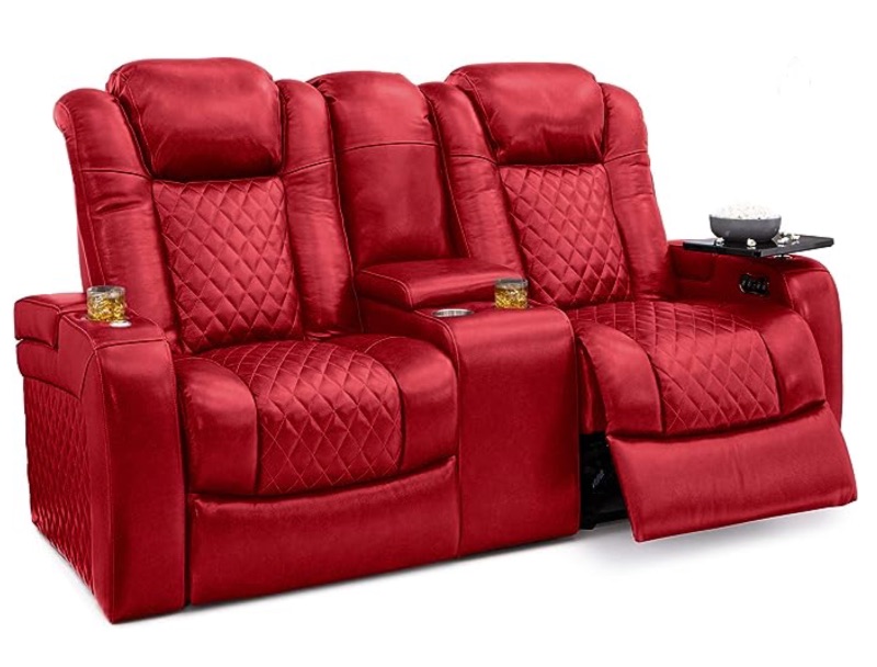 Photo 1 of SEATCRAFT ANTHEM HOME THEATER SEATING - TOP GRAIN LEATHER - POWER RECLINE LOVESEAT - CENTER STORAGE CONSOLE - POWERED HEADRESTS - ARM STORAGE - AC/USB AND WIRELESS CHARGING - CUP HOLDERS, RED

