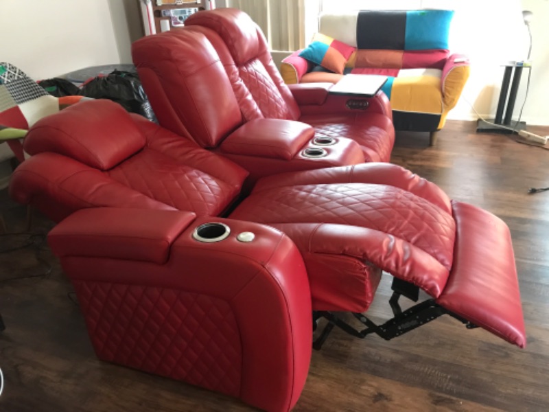 Photo 6 of SEATCRAFT ANTHEM HOME THEATER SEATING - TOP GRAIN LEATHER - POWER RECLINE LOVESEAT - CENTER STORAGE CONSOLE - POWERED HEADRESTS - ARM STORAGE - AC/USB AND WIRELESS CHARGING - CUP HOLDERS, RED

