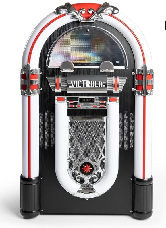 Photo 1 of VICTROLA DESKTOP BLUETOOTH JUKEBOX WITH CD PLAYER, FM RADIO, BUILT-IN STEREO SPEAKERS, AND COLOR CHANGING LED LIGHTING,
