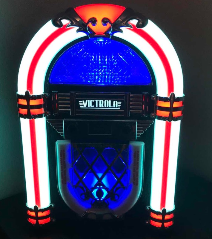 Photo 3 of VICTROLA DESKTOP BLUETOOTH JUKEBOX WITH CD PLAYER, FM RADIO, BUILT-IN STEREO SPEAKERS, AND COLOR CHANGING LED LIGHTING,
