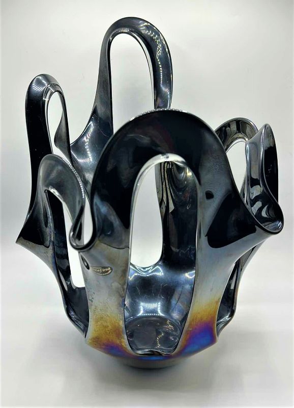 Photo 1 of KROSNO JOZEFINA HAND PAINTED POLAND GLASS AND METAL iRIDESCENT VASE, 13” x 17.5”