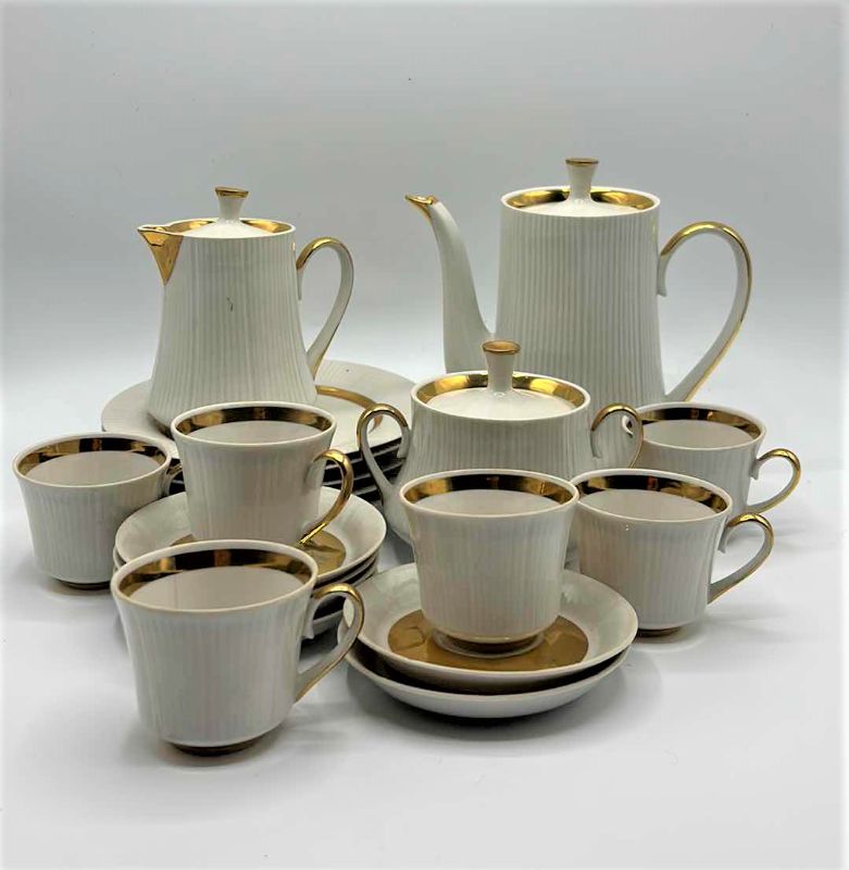 Photo 1 of VINTAGE 23 PIECE WHITE AND GOLD TRIMMED PORCELAIN EXPRESSO/TEA SET SIGNED W