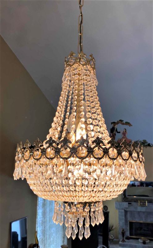 Photo 1 of VINTAGE CRYSTAL CHANDELIER H26” WITH GOLD CHAIN APPROX 36”