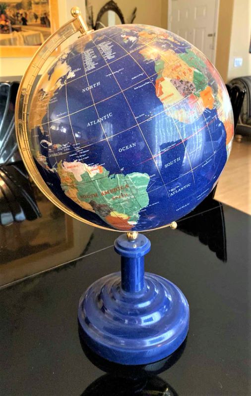 Photo 1 of VINTAGE BLUE LAPIS WORLD GLOBE WITH SEMI PRECIOUS GEMSTONES 13” X 23”