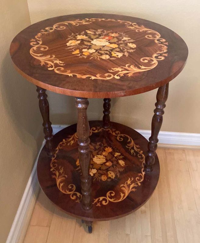 Photo 1 of ANTIQUE INLAID ITALIAN MARQUETRY TABLE 18.5” X H27”