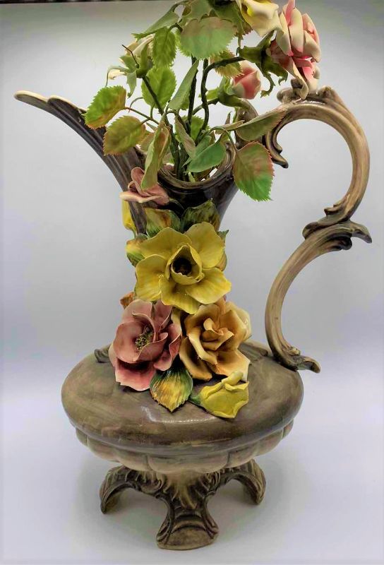 Photo 1 of VINTAGE CAPODIMONTE  ITALIAN PITCHER VASE H17” WITH FLOWERS