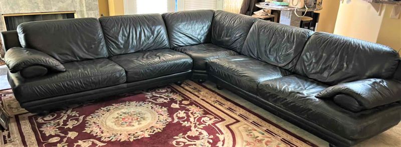 Photo 8 of BLACK LEATHER 3 PIECE SOFA SECTIONAL 2 PIECES 73”
x 39” H32”, CORNER 37” WIDE ( SEE NOTES)