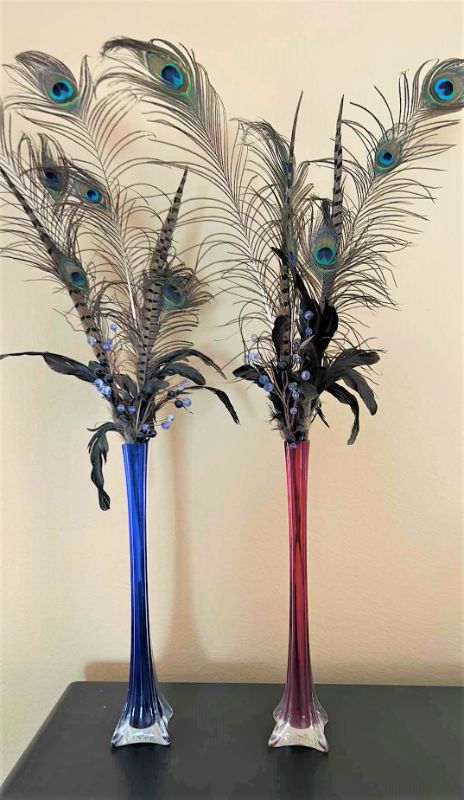 Photo 1 of 2 COLORED GLASS VASES H15.5” W PEACOCK FEARHERS