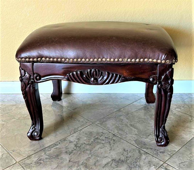 Photo 1 of CARVED WOOD STOOL W FAUX LEATHER UPHOLSTERED TOP