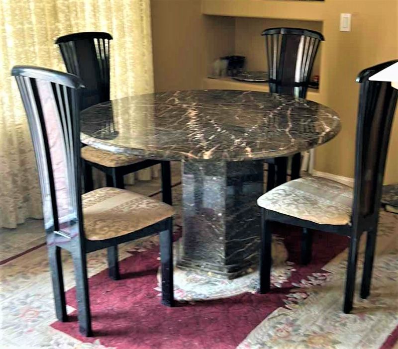 Photo 1 of HEAVY MARBLE  PEDESTAL TABLE W 4 ART DECO LACQUER CHAIRS FROM ITALY (SEE NOTES) 51” ROUND