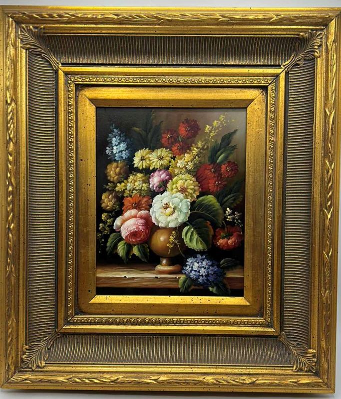 Photo 1 of ORNATE GOLD FRAMED ART WORK FLOWERS 16” x 18.5”