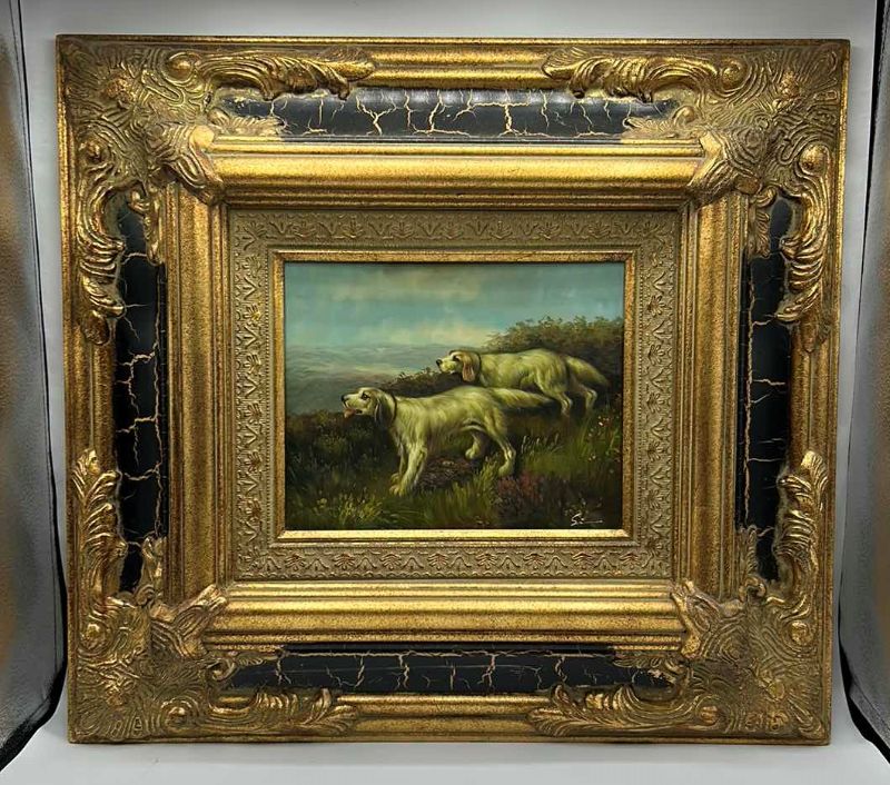 Photo 1 of ORNATE GOLD FRAMED ART WORK DOGS SIGNED PAINTING 22” x 20”