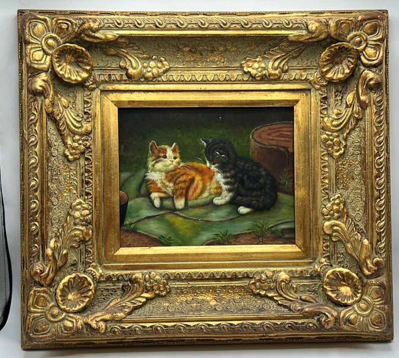 Photo 1 of ORNATE GOLD FRAMED ART WORK CATS SIGNED PAINTING 20” x 18”