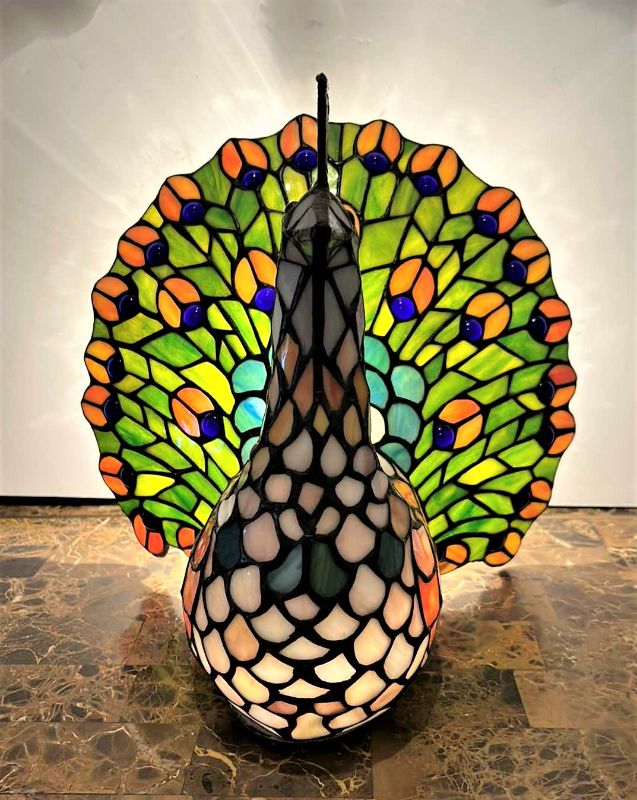 Photo 1 of STAINED GLASS PEACOCK LAMP 13” x H12”