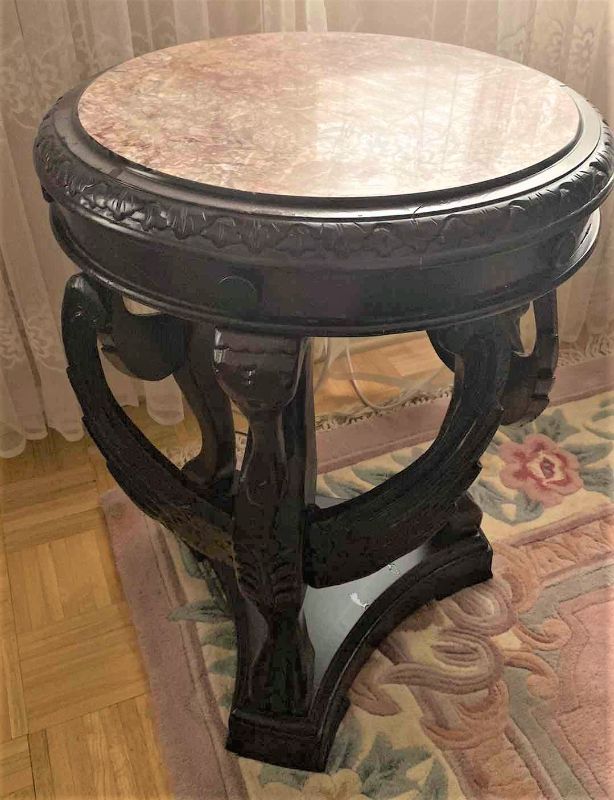 Photo 1 of ORNATE DARK WOOD END TABLE WITH RED MARBLE 21” X H28”