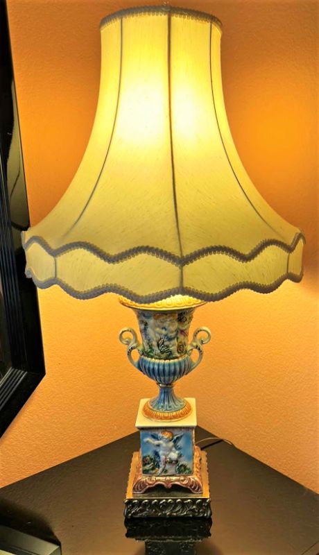 Photo 1 of VINTAGE VICTORIAN PORCELAIN LAMP W IVORY SHADE 34”