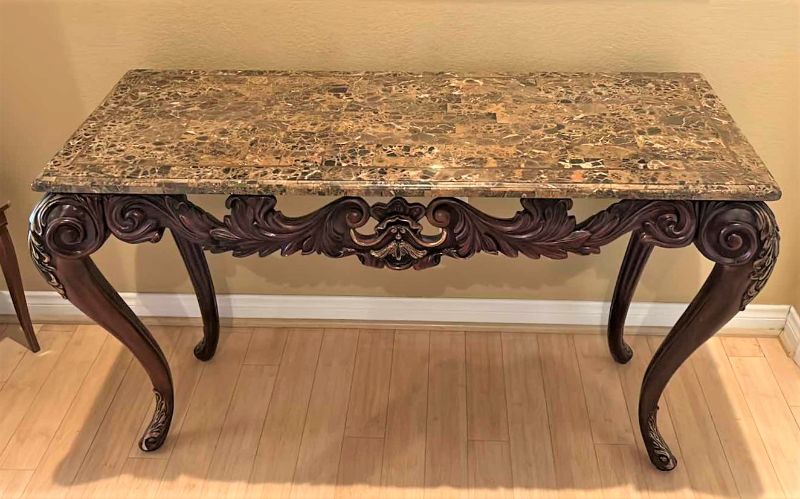 Photo 1 of WOOD CARVED MARBLE TOP ENTRY TABLE 50”x 22” x H30”