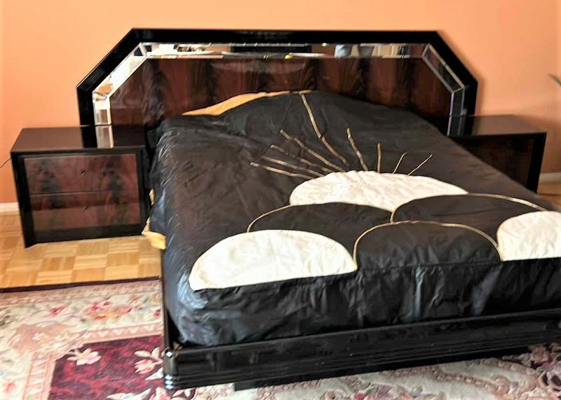 Photo 1 of ITALIAN 3 PIECE ART DECO BLACK WOOD LAQUER AND MIRRORED QUEEN BEDROOM SET, 2 NIGHTSTANDS AND HEADBOARD AND BED FRAME, NIGHTSTANDS 25” x 17” x H21” HEADBOARD 94” x H41.5”