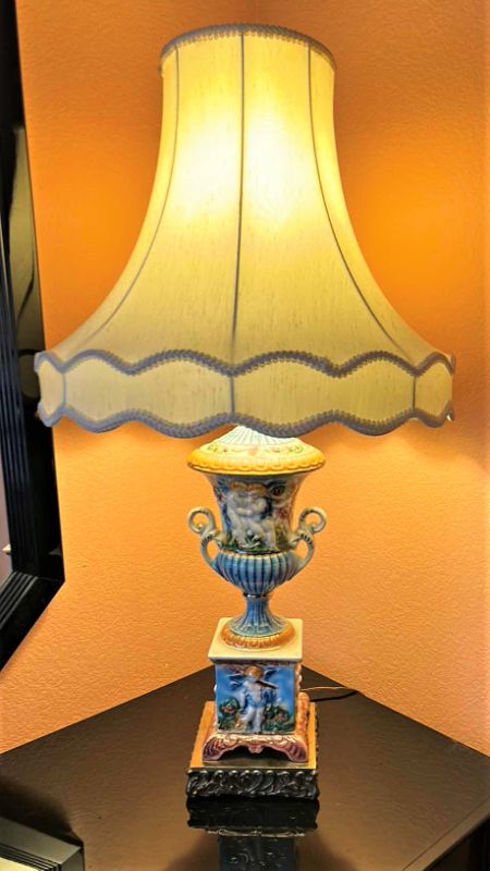 Photo 1 of VINTAGE VICTORIAN PORCELAIN LAMP W IVORY SHADE 34”