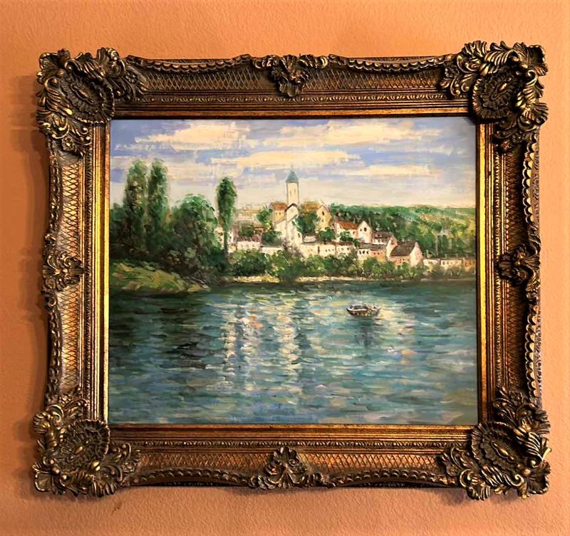 Photo 1 of ORNATE GOLD FRAMED ART WORK PAINTED ON CANVAS SEASCAPE VILLAGE 31” x 27”