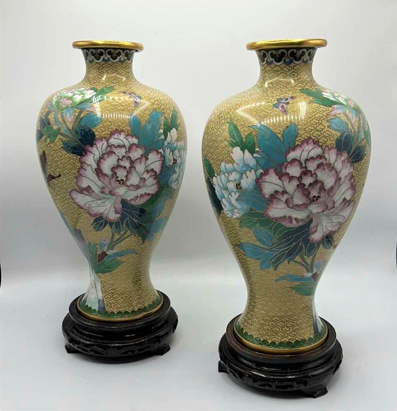 Photo 1 of TWO METAL AND ENAMEL ASIAN STYLE VASES ON WOOD STANDS H14”