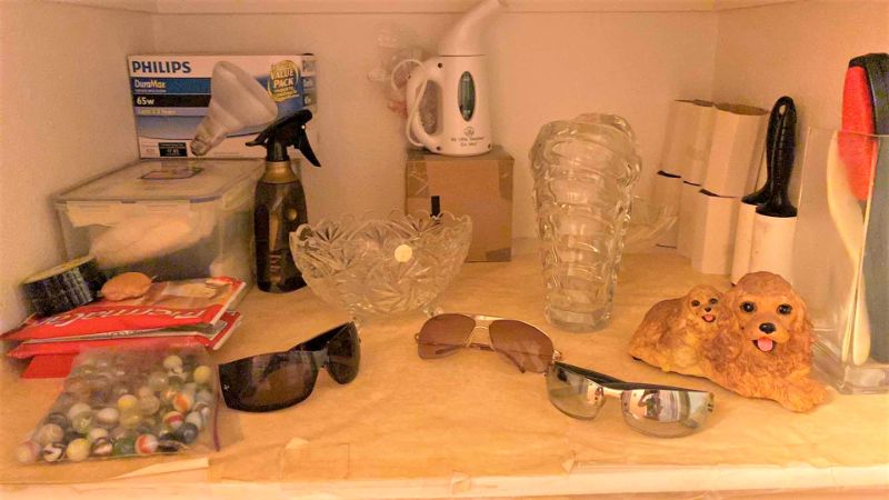 Photo 1 of CONTENTS OF SHELF LAUNDRY CLOSET VASE BOWL MINI STEAMER AND MORE