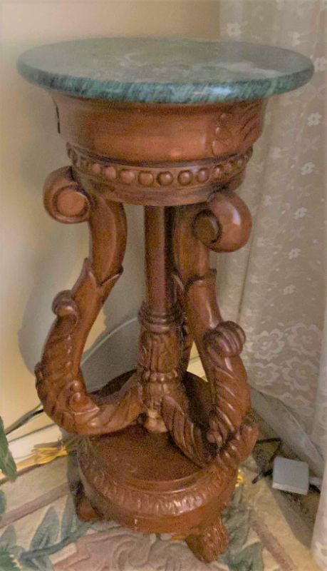 Photo 1 of WOOD AND MARBLE PLANT STAND 13” X H32”