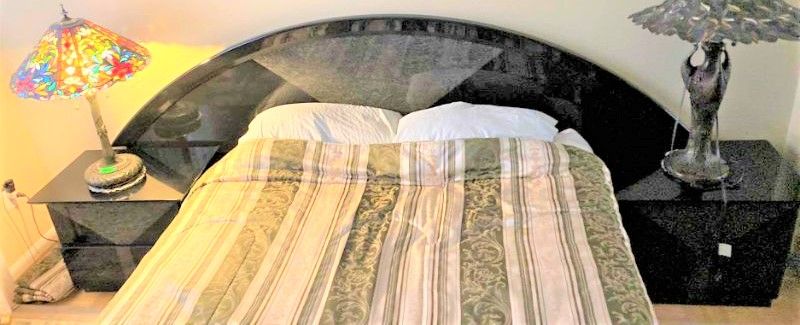 Photo 1 of ITALIAN ART DECO WOOD LAQUERED QUEEN BED 102” X H40” AND PAIR OF NIGHT STANDS 25.5” X 17” H20.5