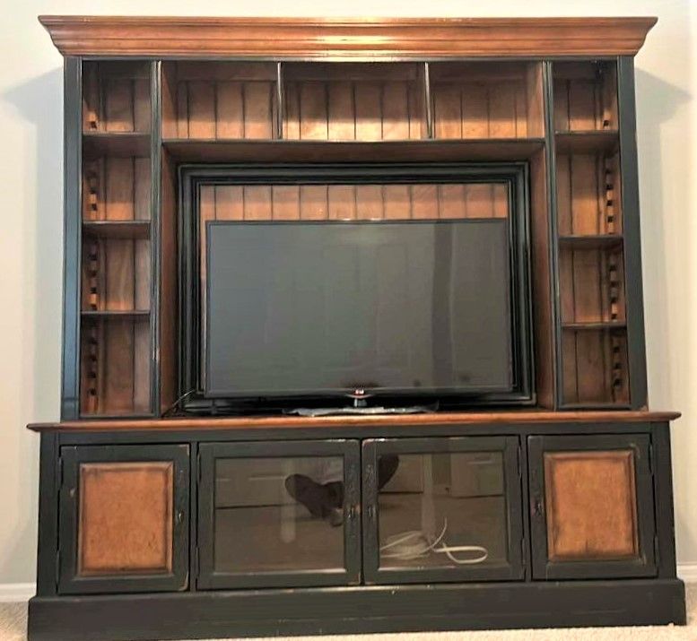 Photo 1 of HOOKER FURNITURE HAND PRODUCED ANTIQUE REPRODUCTION LIGHTED ENTERTAINMENT MEDIA CENTER W EXTRA DOORS AND ACCESSORIES  83” x 22” x H 82” ( TV SOLD SEPARATELY)