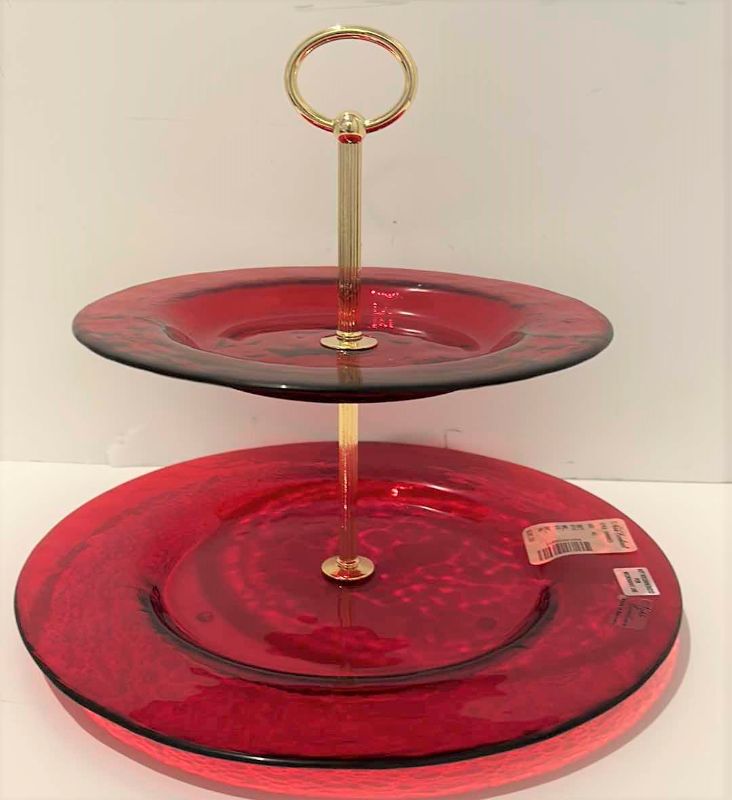 Photo 1 of NEW NOBLE EXCELLENCE RED GLASS TWO TIERED CAKESTAND