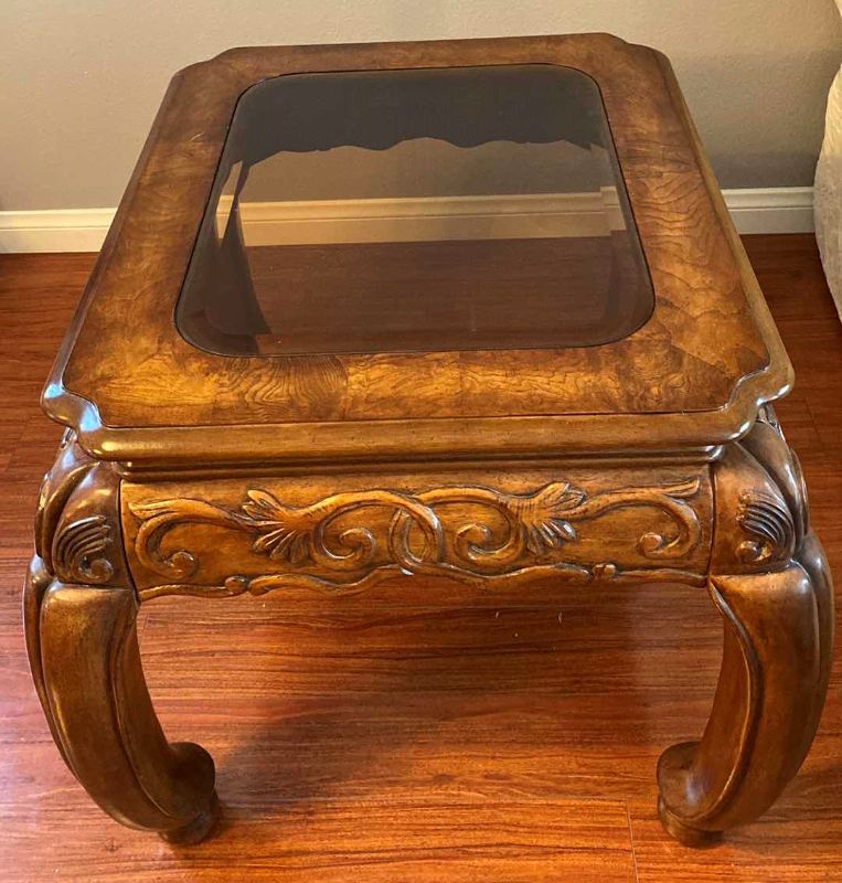 Photo 1 of SOLID ORNATE WOOD END TABLE WITH BEVELED GLASS 24” X 28” H24”