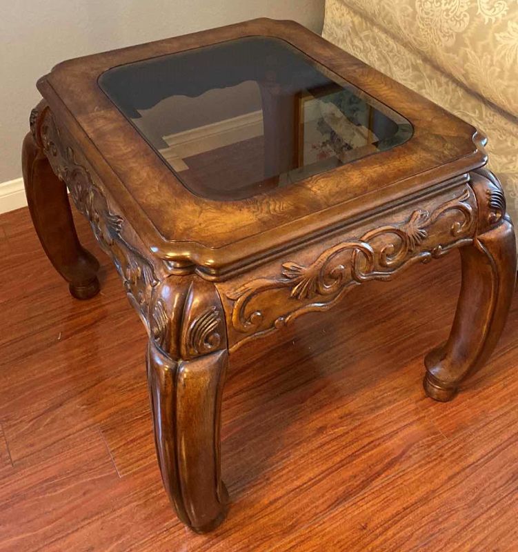 Photo 1 of SOLID ORNATE WOOD END TABLE WITH BEVELED GLASS 24” X 28” H24”