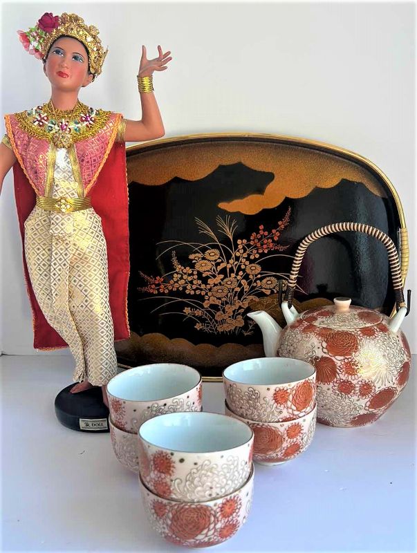 Photo 1 of HOME DECOR ASSORTMENT- 16” FIGURINE, TEASET AND TRAY