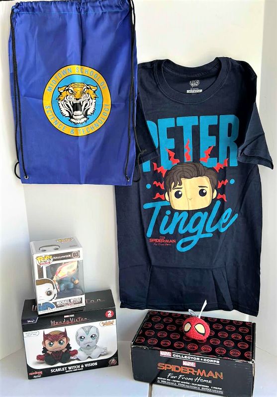 Photo 1 of NEW MARVEL AND POP TOYS PLUS MYSTERY BOX WHICH INCLUDES XS TEE, BAG AND CROCHETED SPIDER MAN BEAN BAG