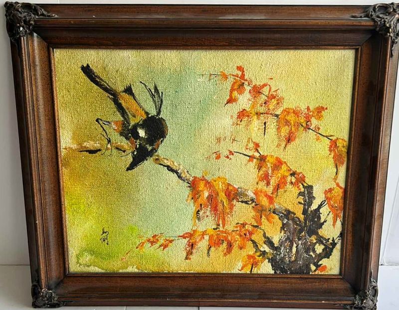 Photo 1 of ORNATE WOOD FRAMED ORIGINAL PAINTING  ON CANVAS “BIRD ON BRANCH” SIGNED ARTWORK 25” x 21.5”