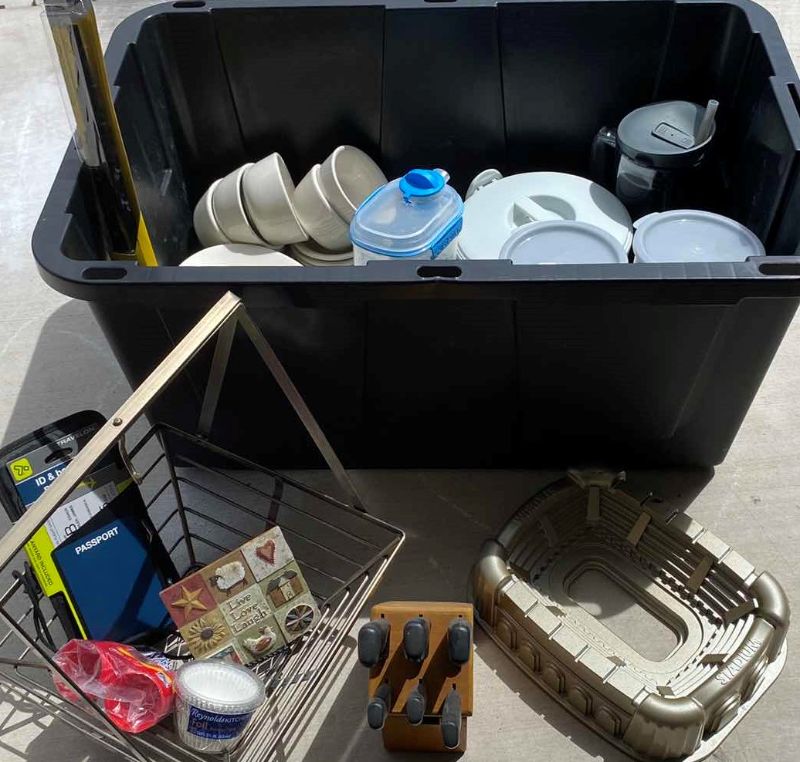 Photo 1 of TOTE OF KITCHEN ITEMS - STADIUM BUNT PAN, DISHES, CANISTERS AND MORE