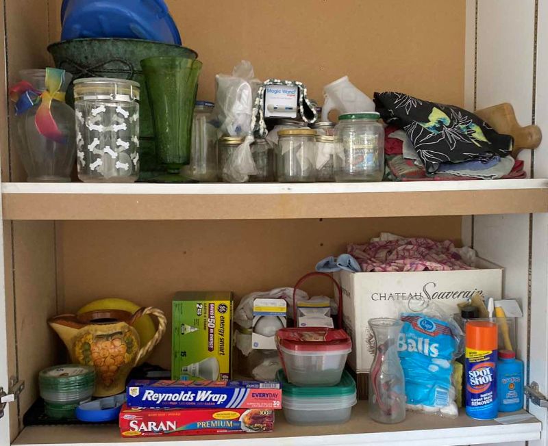 Photo 1 of 2 SHELFS OF GARAGE CABINET JARS RAGS KITCHEN AND HOUSEHOLD ITEMS