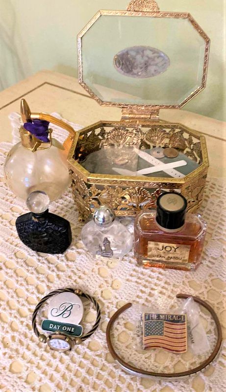 Photo 1 of PERFUME BOTTLES AND JEWELRY BOX ANNE KLEIN WATCH AND A BRACELET