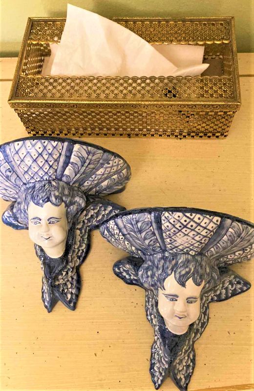 Photo 1 of PAIR OF MADE IN PORTUGAL WALL SCONCES 7” X 6” AND KLEENEX BOX