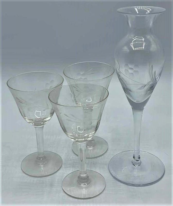 Photo 1 of LENOX HAND BLOWN CRYSTAL VASE H 7.5” W/ ETCHED VINTAGE CORDIAL GLASSES H 4.5” (SET OF 3)